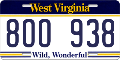 WV license plate 8OO938