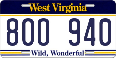 WV license plate 8OO940