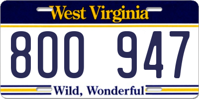 WV license plate 8OO947