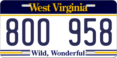 WV license plate 8OO958