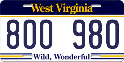 WV license plate 8OO980