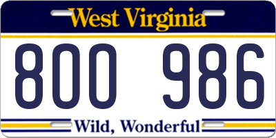 WV license plate 8OO986