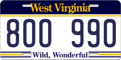 WV license plate 8OO990