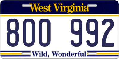 WV license plate 8OO992