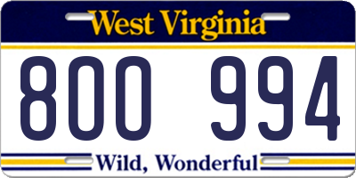 WV license plate 8OO994