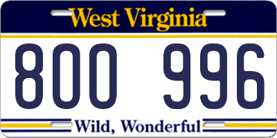WV license plate 8OO996