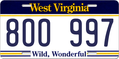WV license plate 8OO997
