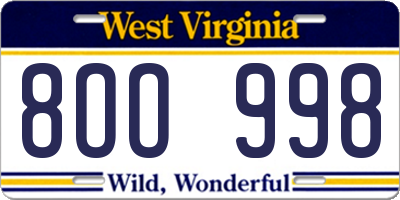 WV license plate 8OO998