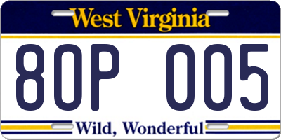 WV license plate 8OP005