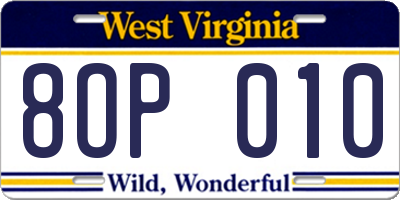 WV license plate 8OP010
