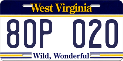 WV license plate 8OP020