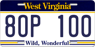 WV license plate 8OP100