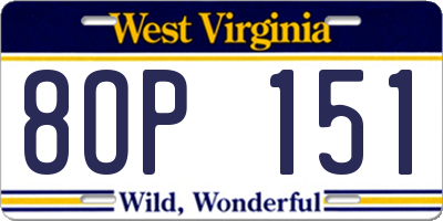 WV license plate 8OP151