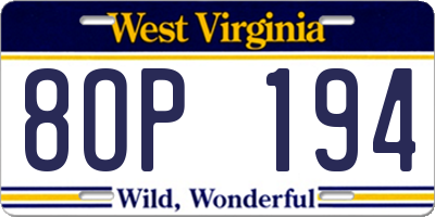 WV license plate 8OP194