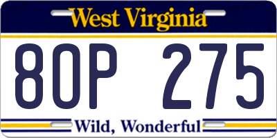 WV license plate 8OP275