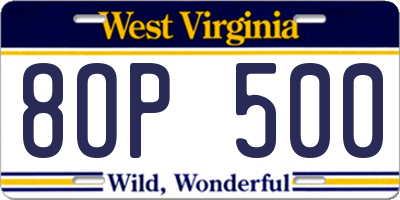 WV license plate 8OP500