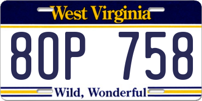 WV license plate 8OP758