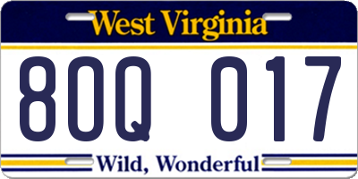 WV license plate 8OQ017