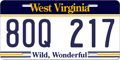 WV license plate 8OQ217