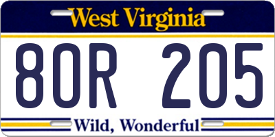 WV license plate 8OR205