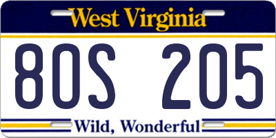 WV license plate 8OS205