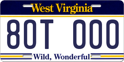 WV license plate 8OT000