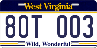 WV license plate 8OT003