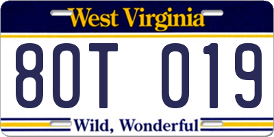 WV license plate 8OT019