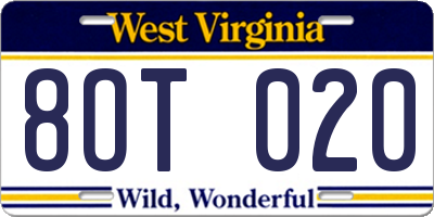 WV license plate 8OT020