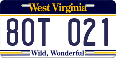 WV license plate 8OT021