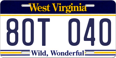 WV license plate 8OT040