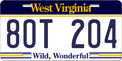 WV license plate 8OT204