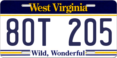 WV license plate 8OT205