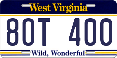 WV license plate 8OT400