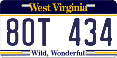 WV license plate 8OT434