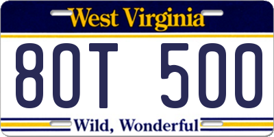 WV license plate 8OT500