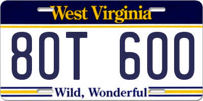 WV license plate 8OT600