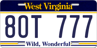 WV license plate 8OT777