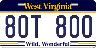 WV license plate 8OT800