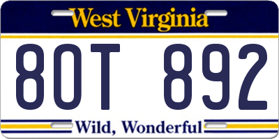 WV license plate 8OT892