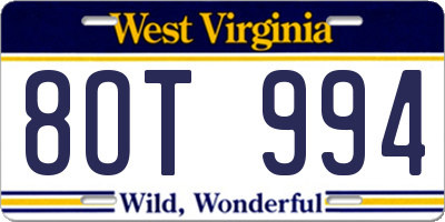 WV license plate 8OT994