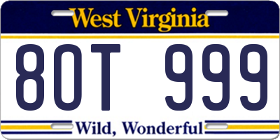 WV license plate 8OT999