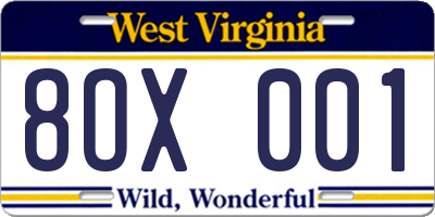 WV license plate 8OX001