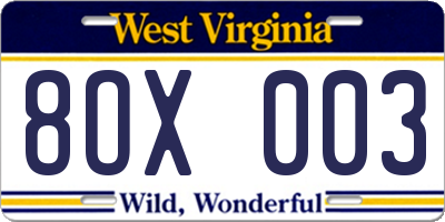 WV license plate 8OX003