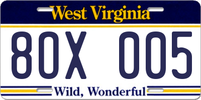 WV license plate 8OX005