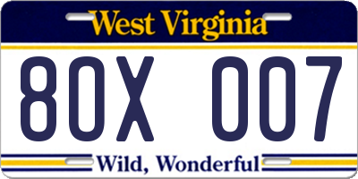 WV license plate 8OX007