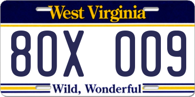 WV license plate 8OX009
