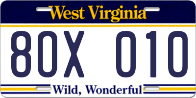 WV license plate 8OX010