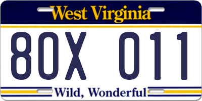 WV license plate 8OX011