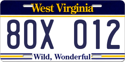 WV license plate 8OX012